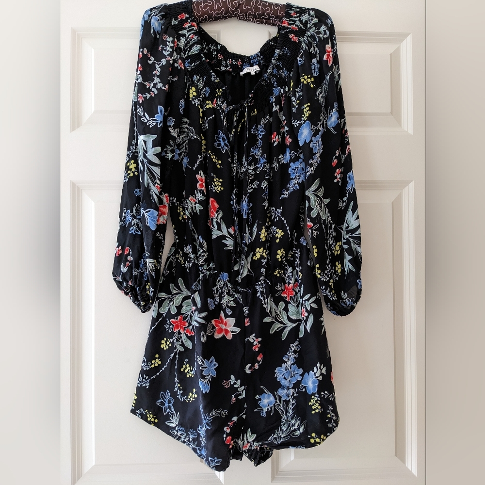 Parker silk romper Dark Floral sheer sleeves elastic waist shorts
